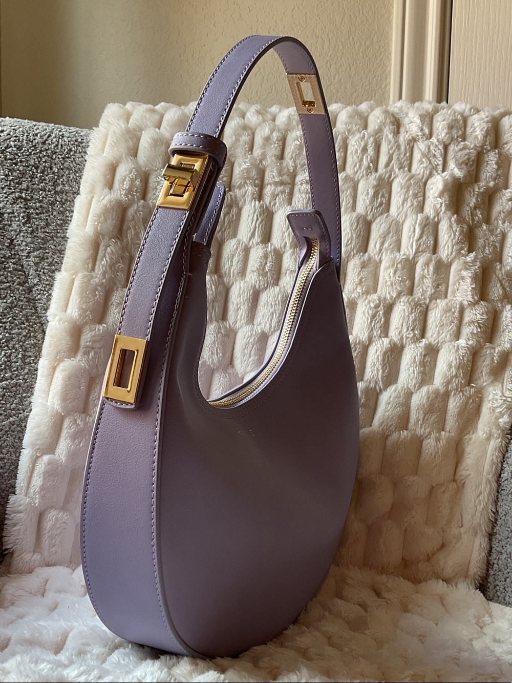 Lilac Crescent Shoulder Bag with Gold Hardware -